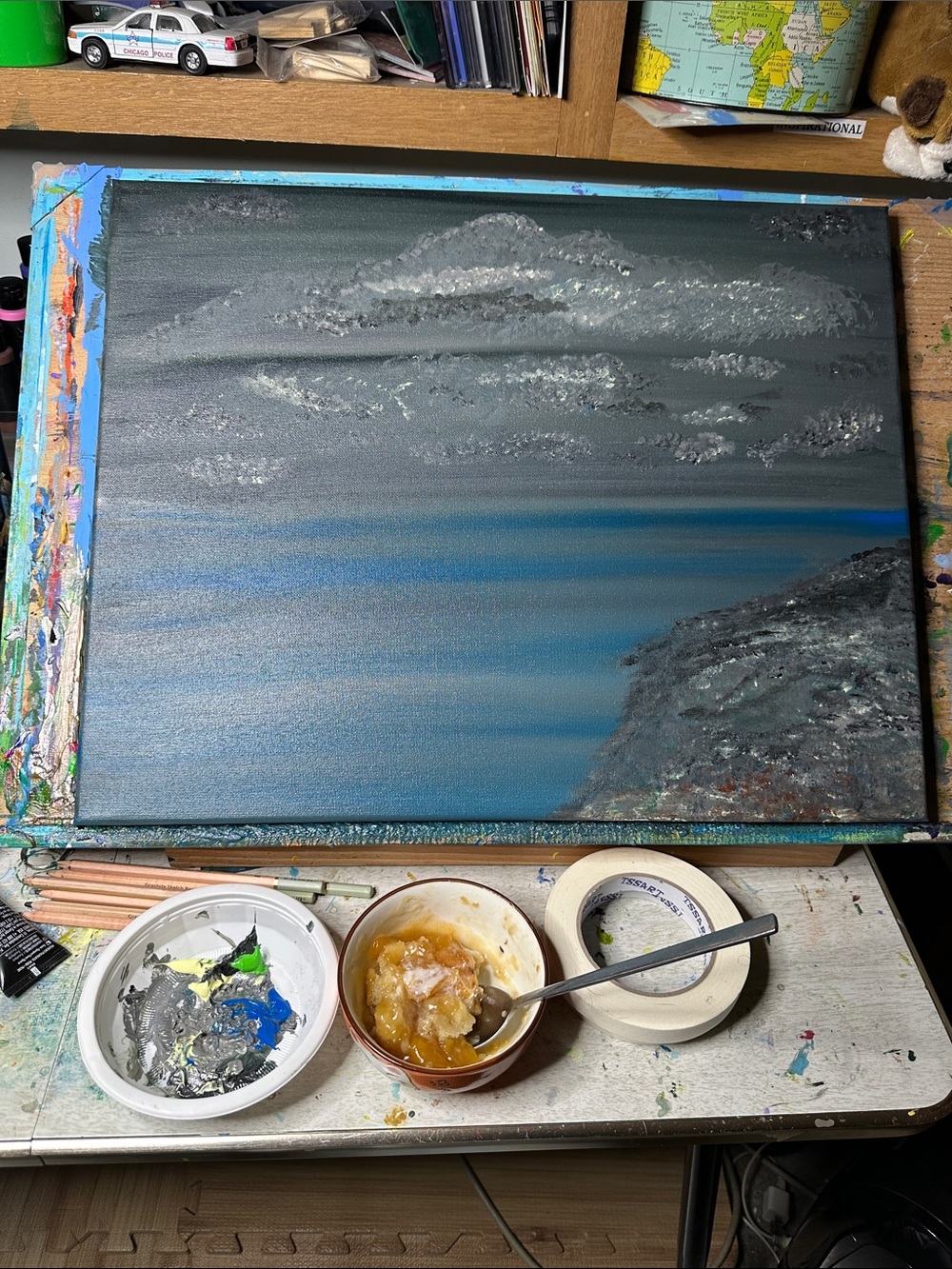 Hand-Painted Coastal Canvas in Blue and Gray